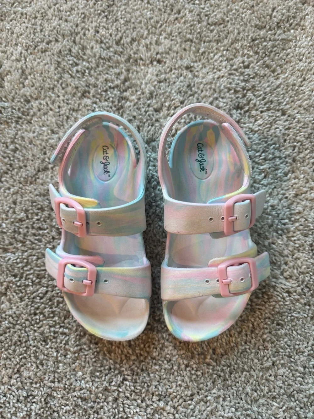 Cat & Jack Double Strap Sandals Pastel Tie-Dye Sandals Pink Buckles Size 9